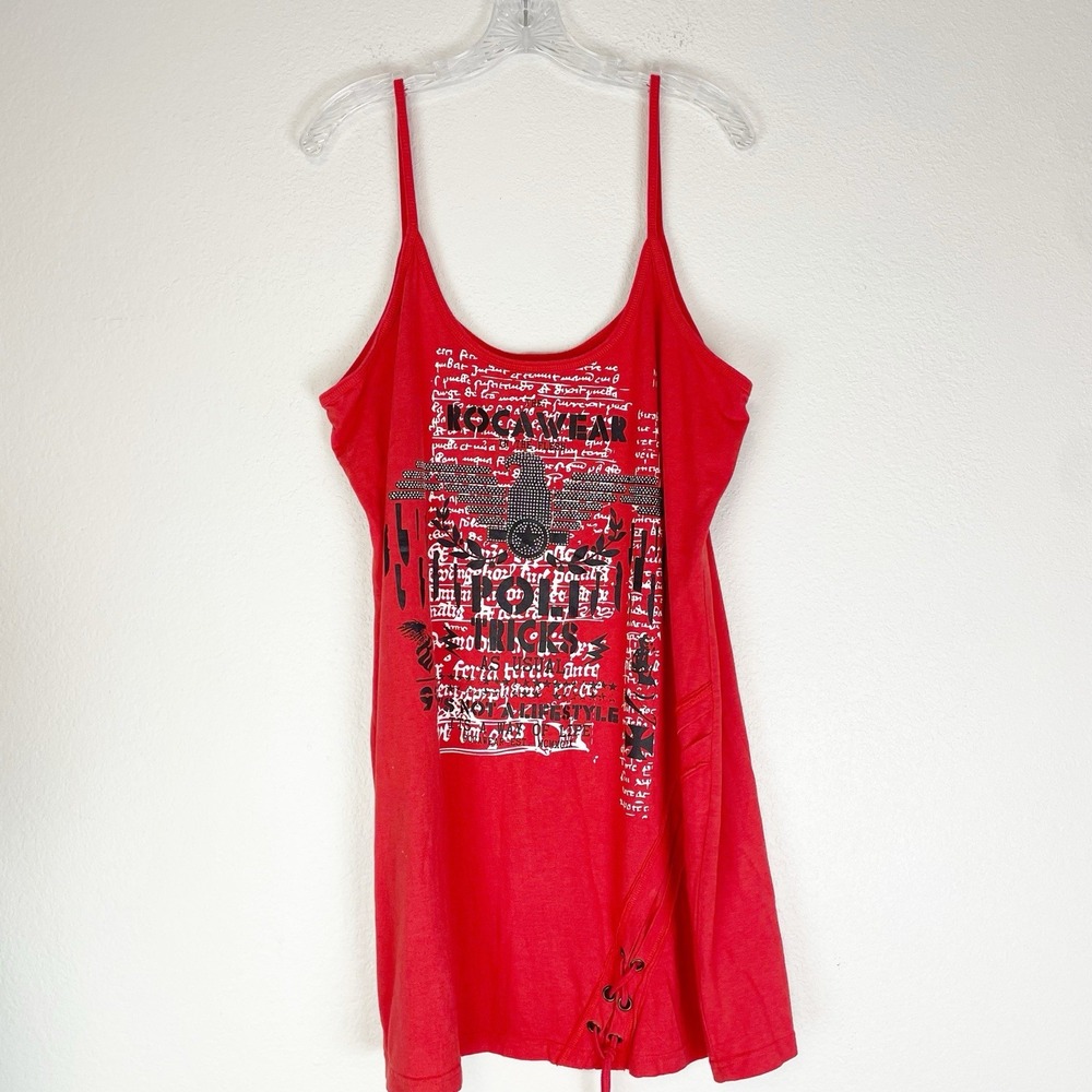 Rocawear Top 3X Tunic Tank Embellished Streatwear Y2K Lace Up Graphic Print Edgy